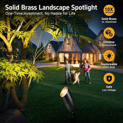 Gardenreet Brass Landscape Lighting - Black Low Voltage Spotlights Outdoor LED, 12V Wired Uplights, Waterproof Spot Lights for Outside Trees with 5W 5000K Daylight MR16 Bulb (4 Pack)