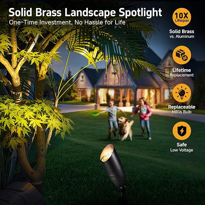 Gardenreet Low Voltage Spot Lights - Black Solid Brass Landscape Spotlight Wired, 12V Outdoor LED Bullet Uplights, Waterproof Electric for Patio Wall with 2700K Warm White MR16 Bulb (6 Pack)