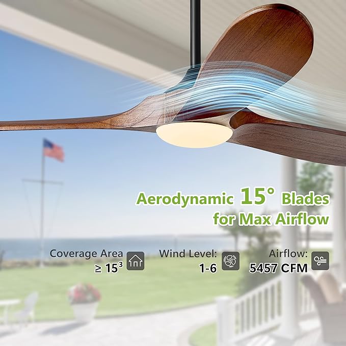 52 Inch Ceiling Fans with Lights and Remote Control, Outdoor Ceiling Fan with Light Solid Wood 3 Blade Propeller Ceiling Fan, Quiet High CFM Damp Rated Outdoor Fan for Patios Farmhouse, Dark Walnut