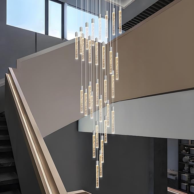 30-Lights Bubble Chandelier for Entryway High Ceiling-196 Height Adjustable Crystal Chandelier,3 Color Temperature Dimmable LED Pendant Light Fixture for Foyer Living Room Staircase,Chrome