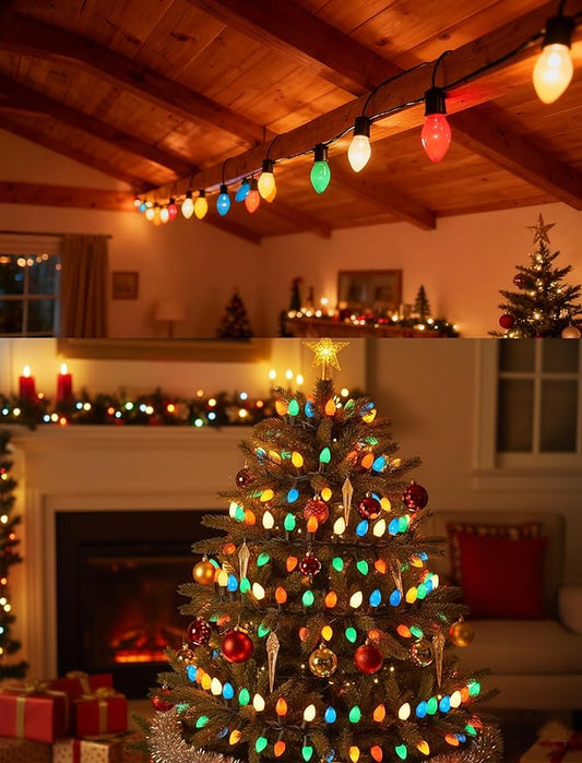 C7 Vintage Christmas Lights, 25Ft Ceramic Multicolor Christmas String Lights with 27 5W Glass Bulbs, Waterproof Connectable Christmas Decorations for House Roofline Backyard Wedding Holiday Party