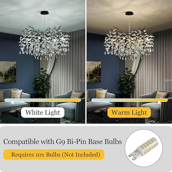 Modern Crystal Tree Branch Chandelier, Black Round Art Deco Pendant Light Raindrop Lighting Fixture for Dining Room Bedroom Foyer 10 Lights D30''