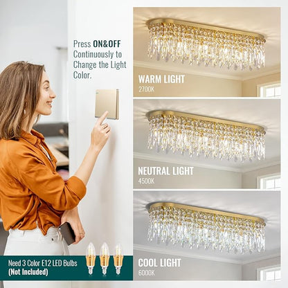 Siljoy 10-Light Modern Crystal Chandelier, Luxury Gold Oval K9 Crystal Raindrop Chandelier, Dimmable Flush Mount Crystal Ceiling Light for Living Dining Room Kitchen Island, L40'' x W11'' x H11''
