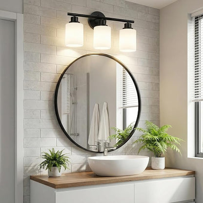 Unicozin 3 Light Bathroom Light Fixtures, Modern Vanity Lights with Milky Glass Shade, Black Wall Lamp Over Mirror for Bathroom, Living Room, Cabinet, Bedroom, E26 Base