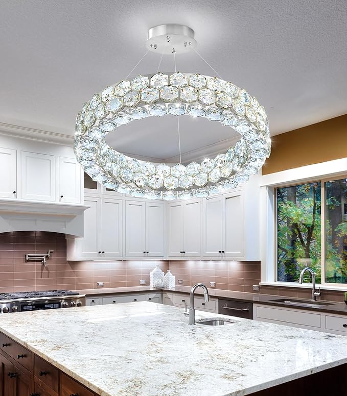 Modern Crystal Chandelier Ring Chandeliers for Dining Room Living Room Round LED Dimmable Ceiling Light Fixture for Bedroom Hallway Foyer Silver
