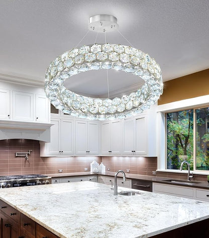 Modern Crystal Chandelier Ring Chandeliers for Dining Room Living Room Round LED Dimmable Ceiling Light Fixture for Bedroom Hallway Foyer Silver