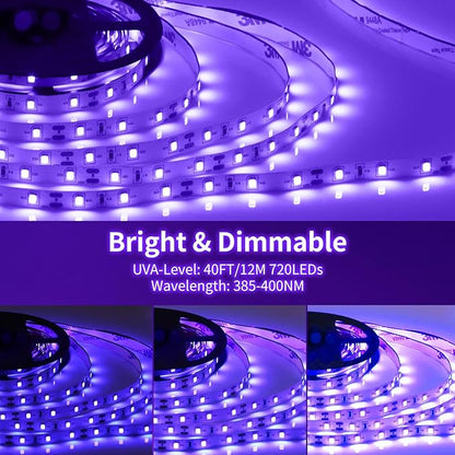 Dimmable Black Light Strip Kit 40ft/12M 720 LEDs, 12V Flexible Blacklight Fixtures, 385nm-400nm, Black Light LED Strips for Glow Party Fluorescent Poster Halloween Indoor Bedroom Decor, Non-Waterproof