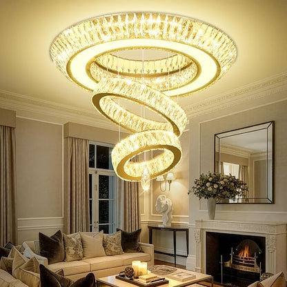 Led 32'' Gold Ring Chandelier,Modern Luxury Crystal Chandelier for Dining Living Room 3-Tier Raindrop Chandeliers Lighting LED 3000-6000K Infinity Dimmable