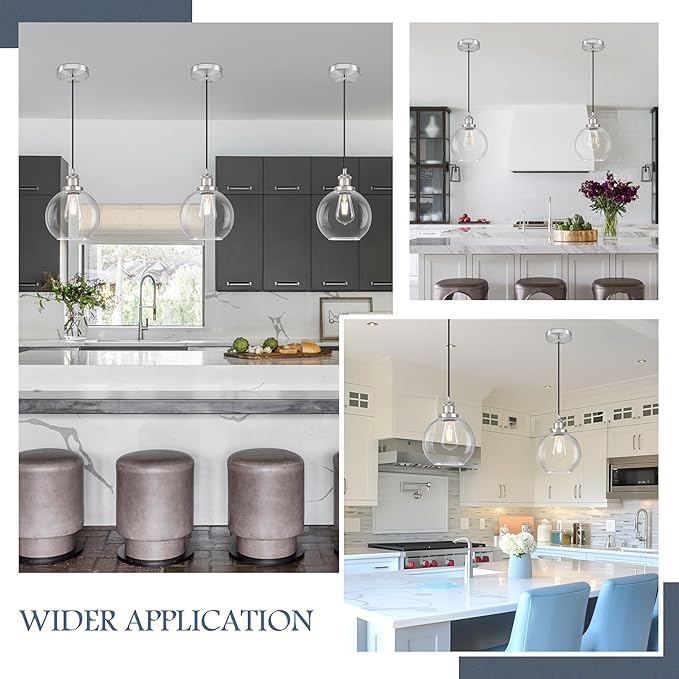 Bagood 8" Glass Pendant Light Clear Globe Pendant Lights Kitchen Island Brushed Nickel Glass Pendant Lights Kitchen Island Globe Pendant Light fixtures Pendant Light Farmhouse(Bulb Incl.)