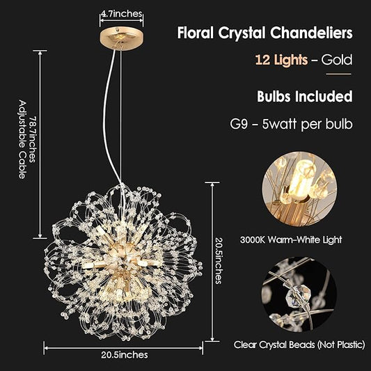 Modern Firework Chandelier, 12-Light Crystal Dandelion Chandeliers for Living Room, Gold Sputnik Chandelier Steel Pendant Lights for Bedroom, Dining Room, Kitchen, Restaurant