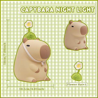 Cute Capybara Night Light, Squishy Animal Flower Lamp with Rechargeable Timer Dimmable, Nursery Nightlight Home Bedside Decor Birthday Christmas White Elephant Gift for Kids Women Friend