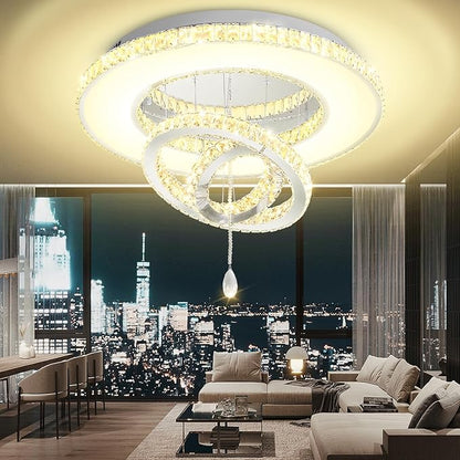 Flashing God Dia 32'' Modern Crystal Chandeliers for Living Room Crystal Flush Mount Ceiling Chandelier Large Chandeliers for Dining Room Bedroom Chrome LED Dimmable 3000-6000K
