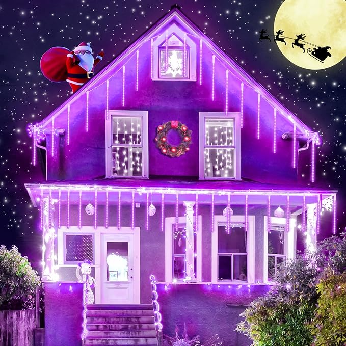 JMEXSUS Solar Christmas Lights Outdoor, 8 Tube 144 LEDs Solar Meteor Shower Lights, Purple Christmas Light for Tree Fence Eaves Patio Yard Holiday Party Decor