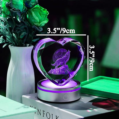 Qianwei Wolf Gifts for Women 3D Crystal Heart - Laser Moon Decor Glass Animals Wolf Gifts Figurines Statue Stuff for Room Decorations Moon Night Light