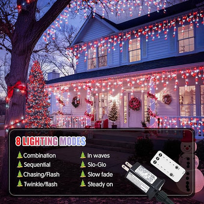JMEXSUSS 38.8 Ft 400 LED Icicle Christmas Lights for Outside, 8 Modes Red and White Icicle String Lights Plug in with Remote, Christmas Lights Indoor Outdoor for Halloween Party Christmas Decoration