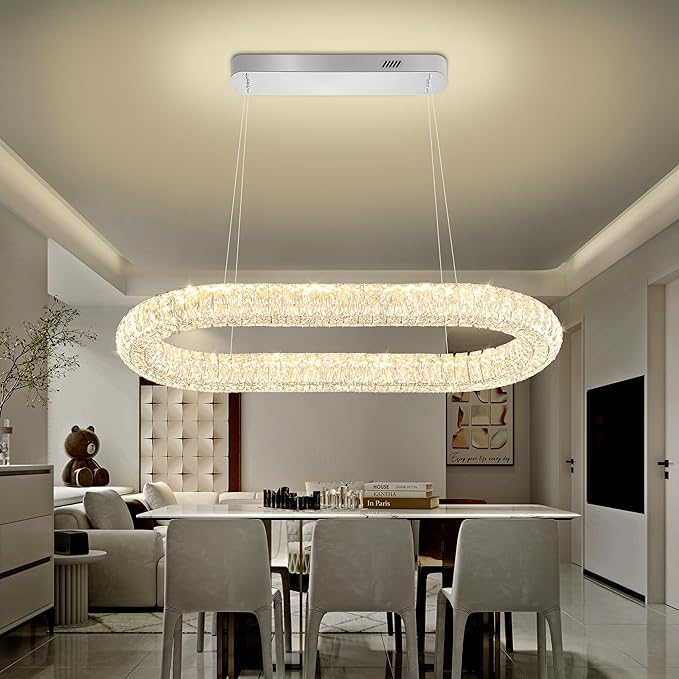 Crystal Ring Chandelier, 31.5'' Chrome Crystal Ring Pendant Light for Kitchen Island Modern Linear Oval Chandeliers for Dining Room Dimmable 3000K-6000K