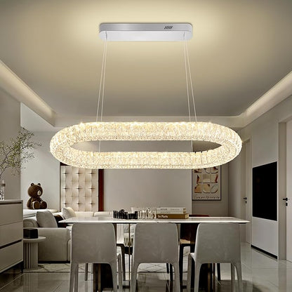 Crystal Ring Chandelier, 31.5'' Chrome Crystal Ring Pendant Light for Kitchen Island Modern Linear Oval Chandeliers for Dining Room Dimmable 3000K-6000K