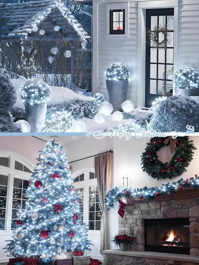 2-Pack 66FT 200 LED White Christmas String Lights Indoor Outdoor, Extendable Christmas Tree Lights with 13 Modes Twinkle Lights, Plug in Fairy String Lights for Xmas Tree Party Garden (Cool White)