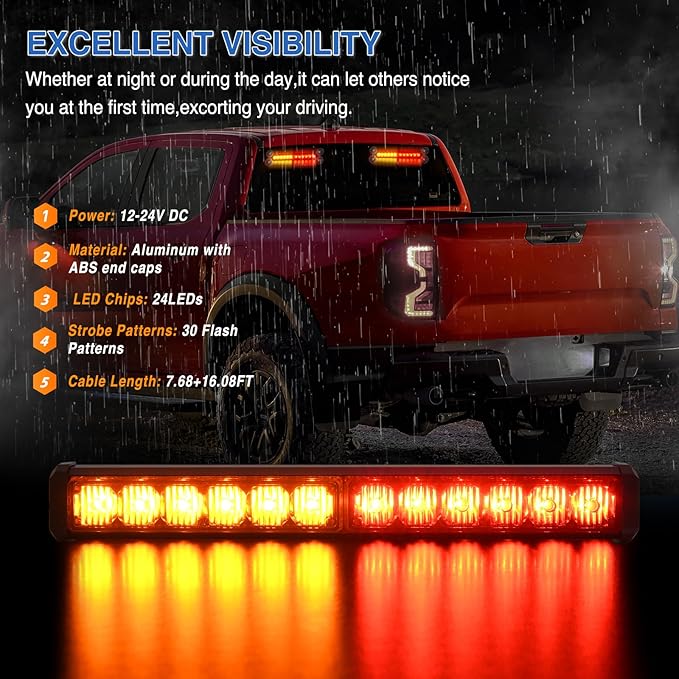 Nilight 24LED Emergency Strobe Traffic Advisor Light Bar 2 in 1 Amber Red Dash Warning Safety Flashing Lights Front/Rear Windshield Construction Lights for Trucks Cars Plow Police Firefighter Vehicles