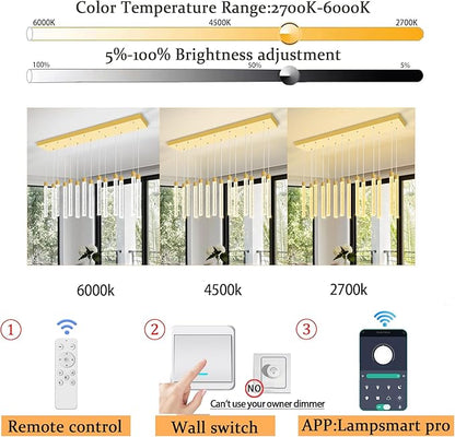 Modern Rectangular Crystal Chandelier for Dining Room LED Dimmable Crystal Column Pendant Light for Kitchen Island Entrance Foyer Living Room Adjustable Height 14-Lights Gold