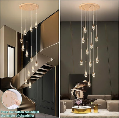 Modern Crystal Staircase Chandelier Gold 12-Lights, H120'' Large High Ceiling Spiral Dimmable LED Raindrop Foyer Entryway Light Fixture Remote Control