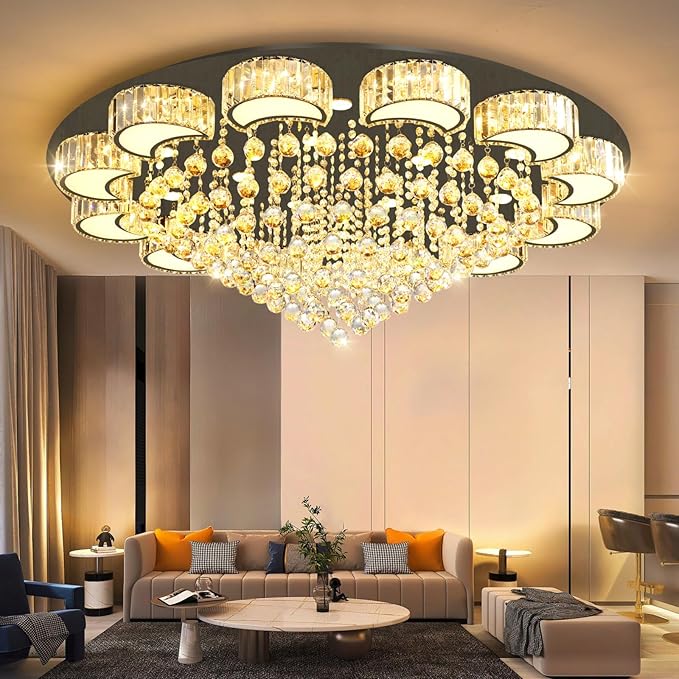 47" Black Modern Crystal Chandeliers for Dining Room LED Dimmable Light Fixtures Flush Mount Light Living Room Bedrooms