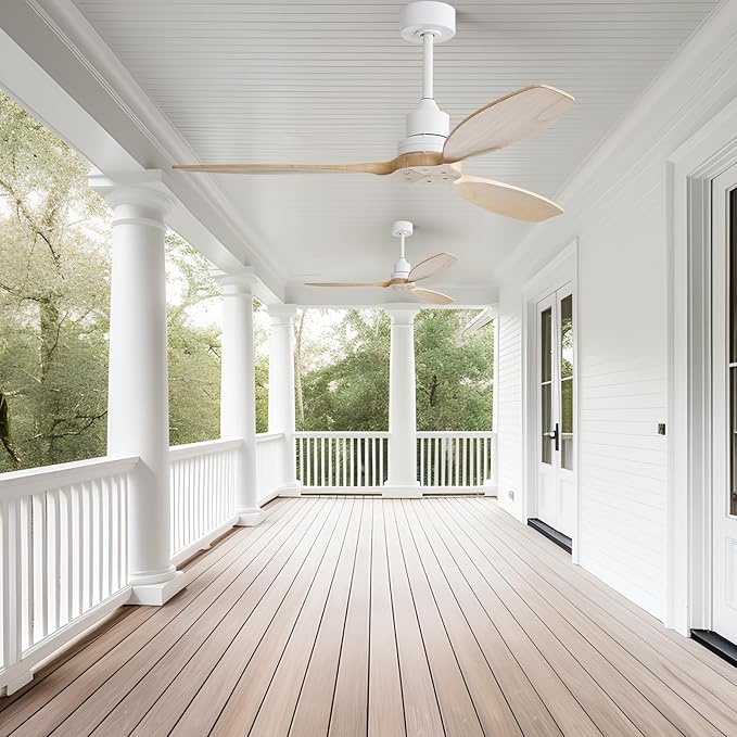 Sofucor 52 Inch Ceiling Fan no Lights, Quiet 6-Speed 3 Blades Modern Wood Ceiling Fan with Remote, for Indoor Bedroom Living Room Outdoor Patio Porch