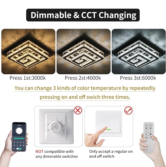 25" Crystal Gold Chandelier with Remote/App Control, 3 Color Temperature Light Fixture & Brightness Adjustable, Modern Flush Mount LED Ceiling Light Fixture for Living Room Kitchen Hallway Dining Room
