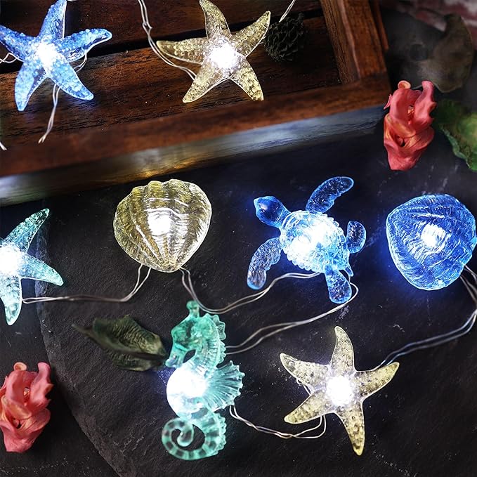 Nautical String Lights Sea Life Ocean Fairy Lights Plug in or Battery Operated Beach Decoration for Bedroom Turtle Seahorse Clam Starfish Marine Life String Lights 30LED 10ft Christmas Window Decor