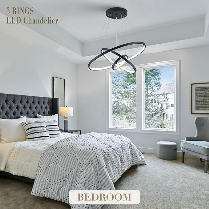 Modern LED Chandeliers 3 Rings Black Chandelier Dimmable LED Pendant Light Fixture Remote Control Contemporary Flush Mount Chandelier for Dining Room Bedroom Foyer, 3000-6500K