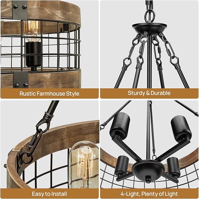 ACNKTZ Farmhouse Rustic Chandelier Light Fixture, 4-Light Round Hanging Pendant Lighting for Dining Room Entryway Kitchen Island Foyer Breakfast Area, Black Wood and Black Metal Finish