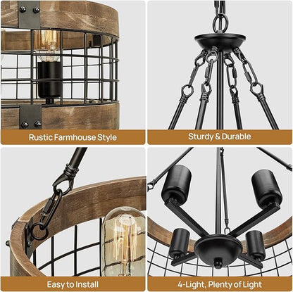 ACNKTZ Farmhouse Rustic Chandelier Light Fixture, 4-Light Round Hanging Pendant Lighting for Dining Room Entryway Kitchen Island Foyer Breakfast Area, Black Wood and Black Metal Finish