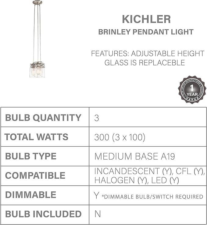 Kichler Brinley 7.75" 3 Light Pendant with Clear Glass Brushed Nickel