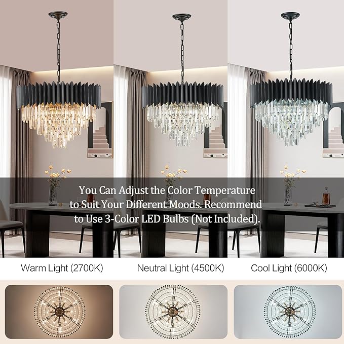 Black Crystal Chandelier 24'' K9 Crystal Round Pendant Lights Adjustable 5-Tier Large Modern Crystal Chandelier Light 10-Lights for Dining Room Living Room Kitchen Foyer Entryway