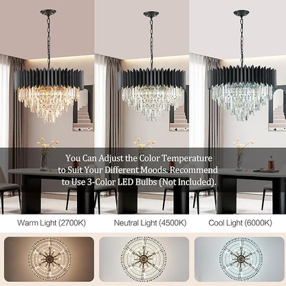 Black Crystal Chandelier 24'' K9 Crystal Round Pendant Lights Adjustable 5-Tier Large Modern Crystal Chandelier Light 10-Lights for Dining Room Living Room Kitchen Foyer Entryway