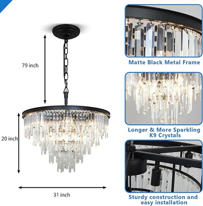 31'' Modern Crystal Chandelier, Black Round Ceiling Light with Clear Prisms, Luxury Flush Mount Lighting Fixture for Dining Room Bedroom Foyer