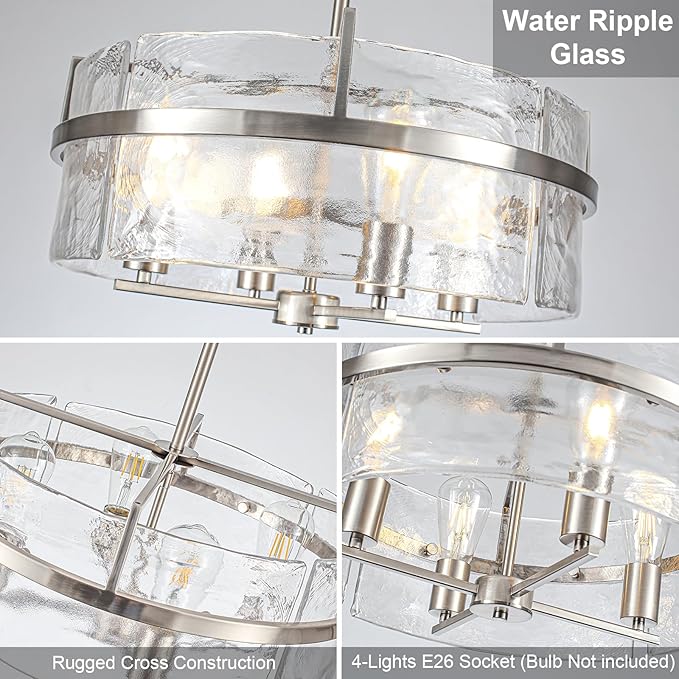 Modern Drum Chandeliers for Dining Room,19.7" Water Ripple Glass Chandelier Over Table Brushed Nickel Crystal Pendant Light Fixtures for Hight Ceiling Living Room Entryway Bedroom Kitchen,E26