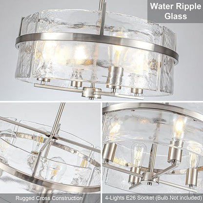 Modern Drum Chandeliers for Dining Room,19.7" Water Ripple Glass Chandelier Over Table Brushed Nickel Crystal Pendant Light Fixtures for Hight Ceiling Living Room Entryway Bedroom Kitchen,E26