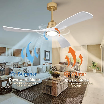 White Gold Ceiling Fans with Lights,52 inch Solid Wood Ceiling Fan with Remote Control,Wall Switch,Dimmable,Reversible,Power Off Memory Modern Ceiling Fan for Bedroom Patio Indoor/Outdoor Use
