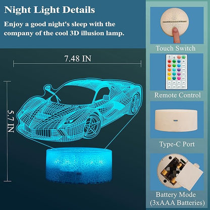 Car Gifts for Men, Racing Vehicle Night Light with Remote Control, 16 Colors Changing, Timer, RGB Flashing Mode and Dimmable, Cool Gifts for Boys Christmas Decor