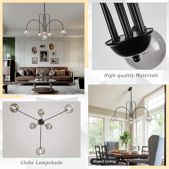 CATINER Black Chandelier Modern 6 Lights Sputnik Chandelier Large L40” Mid Century Ceiling Pendant Light Fixtures with Smoke Glass Globe Shades for Living Dining Room Foyer Bedroom