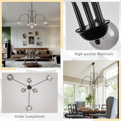 CATINER Black Chandelier Modern 6 Lights Sputnik Chandelier Large L40” Mid Century Ceiling Pendant Light Fixtures with Smoke Glass Globe Shades for Living Dining Room Foyer Bedroom