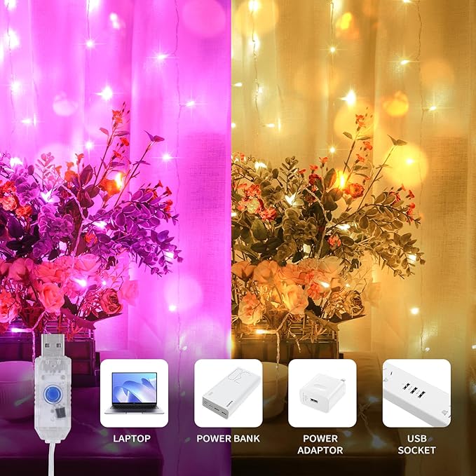 Color Changing Curtain Lights, Pink Room Decor 8 Modes LED String Lights for Garden, Teen Girls' Room, Party, Window, Wall, Valentines Day and Christmas Decor(Warm White and Pink)