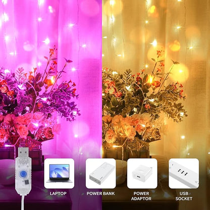 Color Changing Curtain Lights, Pink Room Decor 8 Modes LED String Lights for Garden, Teen Girls' Room, Party, Window, Wall, Valentines Day and Christmas Decor(Warm White and Pink)