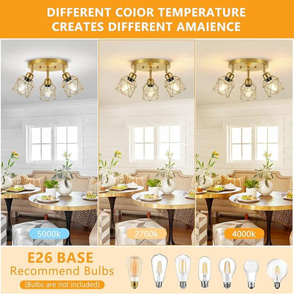 Baocuz 3-Light Brushed Gold Kitchen Light Fixtures, Modern Close to Ceiling Light with Metal Cage, Multi-Directional Gold Ceiling Lights for Farmhouse, Hallway, Dining Room, Entryway