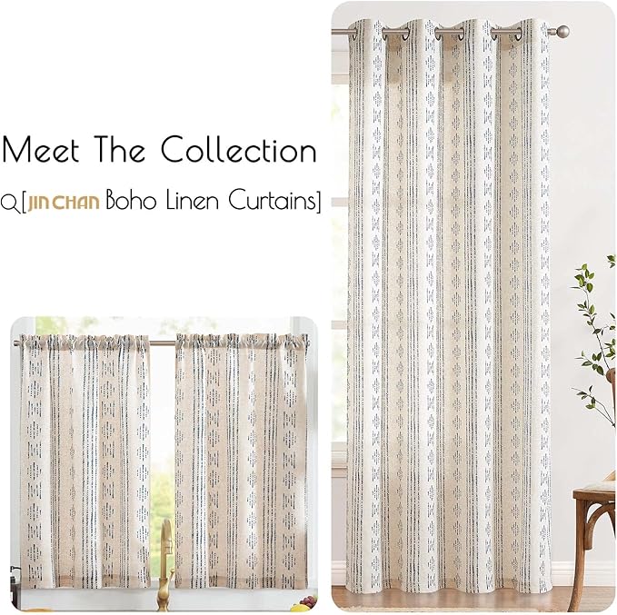 jinchan Boho Kitchen Linen Tier Curtains 30 Inch Bohemian Cafe Curtains Farmhouse Natural Striped Half Window Treatment for Bathroom RV Vintage Small Window Curtains 2 Panels Blue on Beige