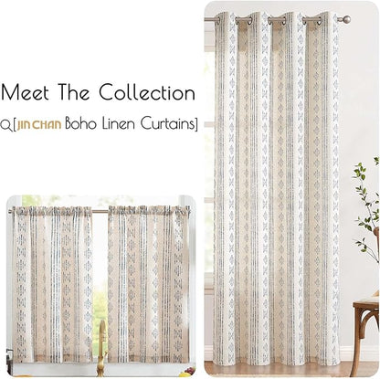 jinchan Boho Kitchen Linen Tier Curtains 30 Inch Bohemian Cafe Curtains Farmhouse Natural Striped Half Window Treatment for Bathroom RV Vintage Small Window Curtains 2 Panels Blue on Beige