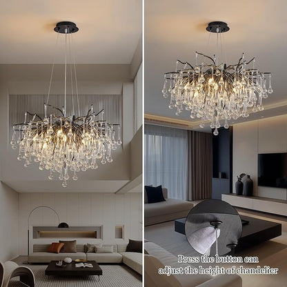 Modern Crystal Raindrop Chandelier, Black Round Art Deco Tree Branch Lighting Fixture for Dining Room Living Room Foyer 13 Lights D31.5''