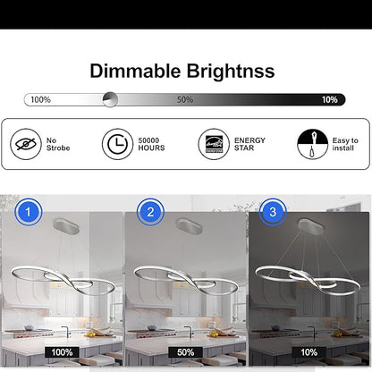 Modern Led Pendant Light, Dimmable Silver LED Chandelier for Dining Room Light Fixture Over Table Modern Kitchen Island Lighting, Height Adjustable Ceiling Light