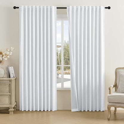 Greyish White Blackout Linen Curtains 72x96 Inches Long Room Darkening Privacy Assured Drapes for Sliding Glass Patio Door,Floor to Ceiling Curtains,2 Pcs,Rod Pocket and Back Tab Pleated Curtains